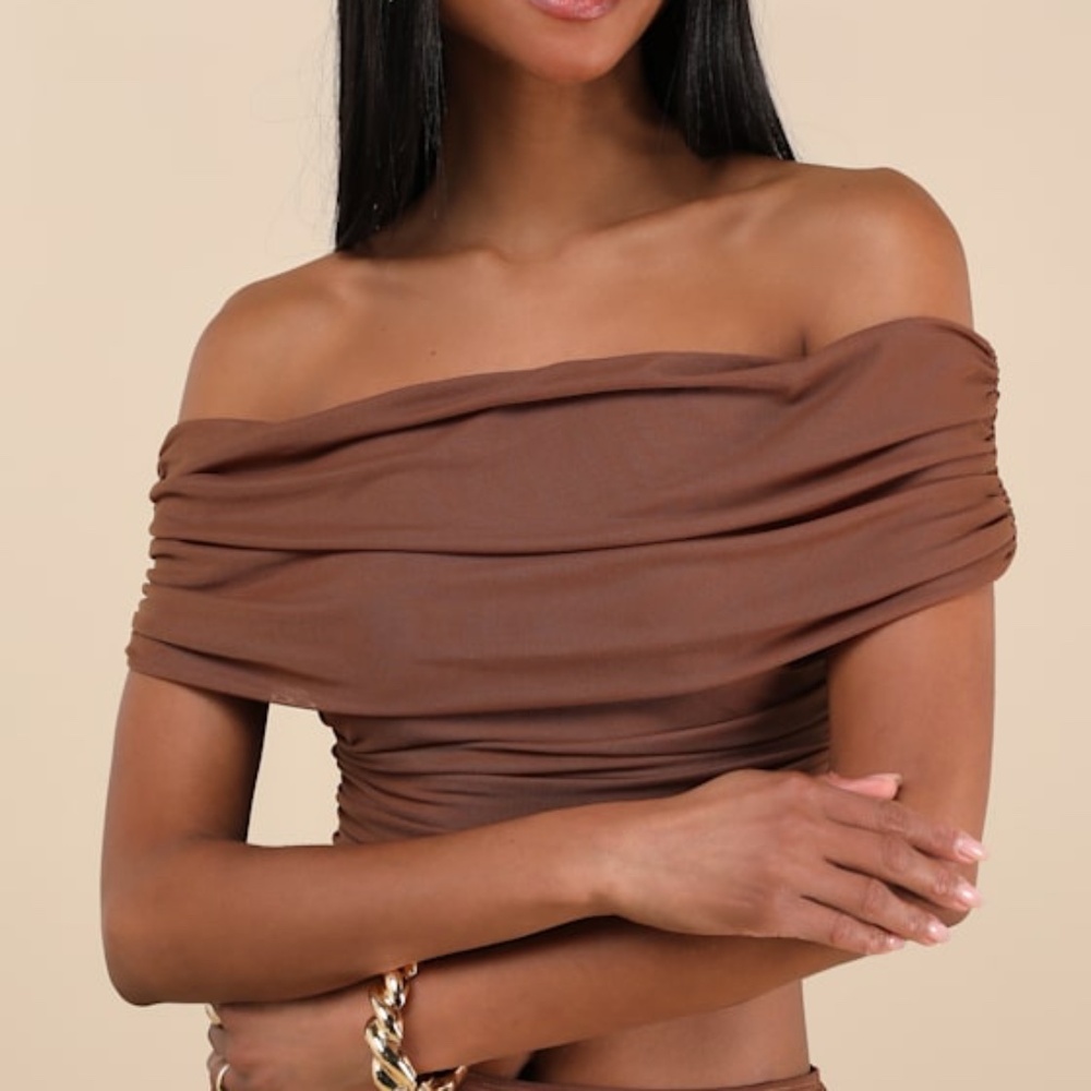 Lulus Cadie Brown Mesh Off-the-shoulder Top - Size S